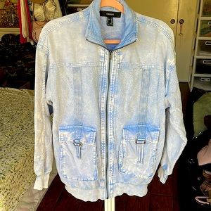 Forever 21 Acid Wash Baby Blue Denim Look Fleece Utility Jacket
